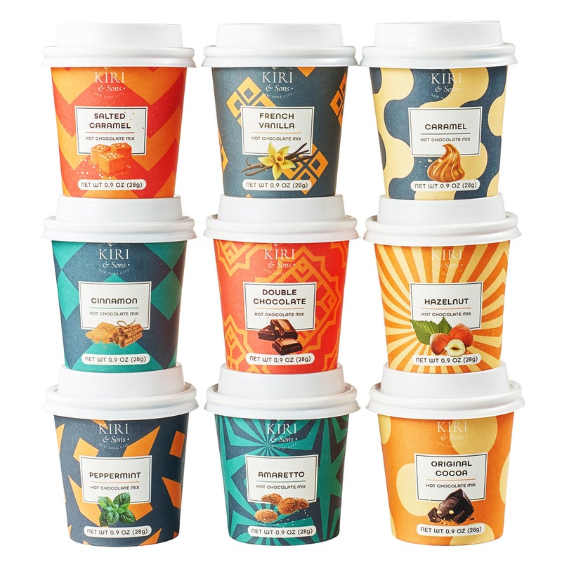 Kiri & Sons Hot Chocolate Mix Gift Set, Hot Chocolate Gift Mix in Mini Cup Packaging, Flavors Include Double Chocolate, French Vanilla, Peppermint, Salted Caramel and More, Set of 9 Winter Edition - Image 2